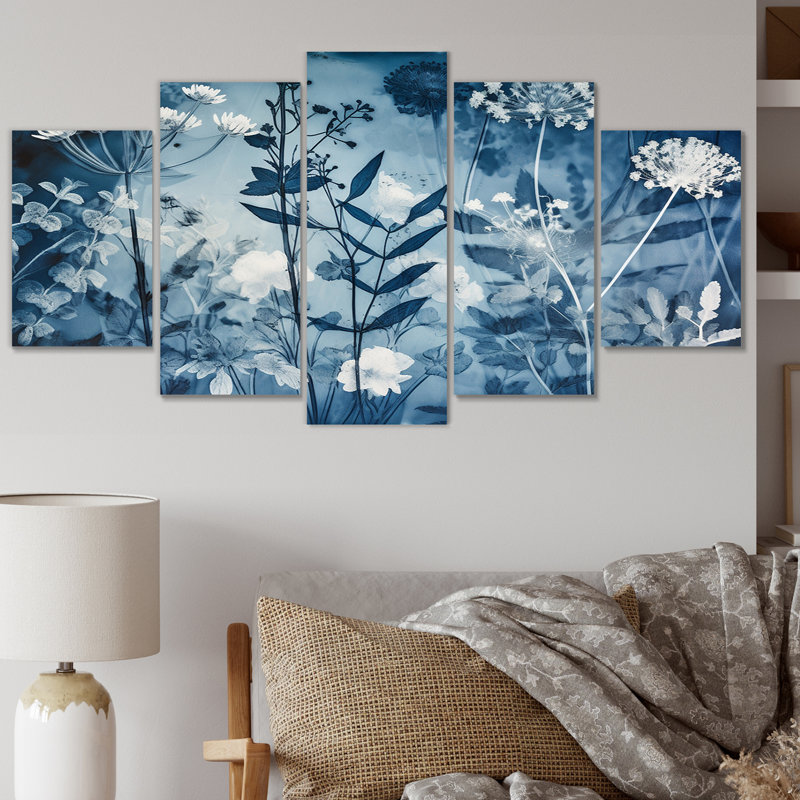 «Vintage Botanical Autumn Leaves Faded Blue IV» - art mural abstrait sur toile botanique - 5 panneaux
