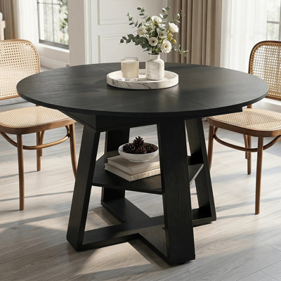 Space-Saving Extendable Round Dining Table with with Hidden Storage & Cross Base, Round Extendable Table for 4-8 People, Kitchen Table