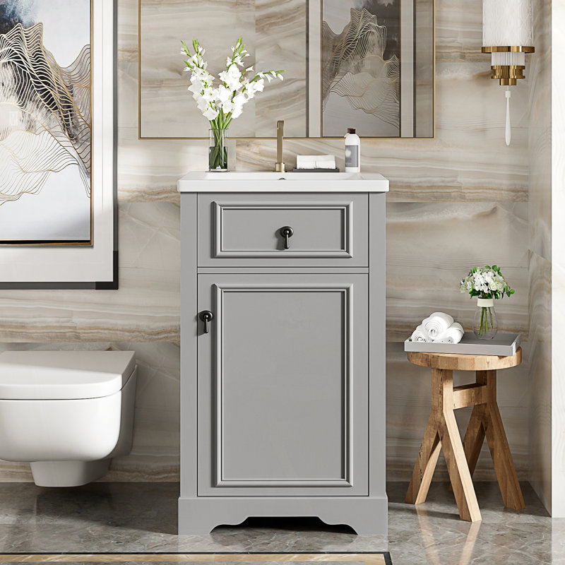 Meuble-lavabo de salle de bain avec lavabo en céramique, porte à fermeture douce, tablette réglable, Gris