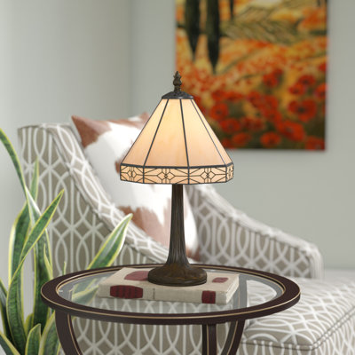 13.5" H Tiffany Zinc Cast Accent Table Lamp with Stained Glass Shade, Antique Brass Finish, E12, 40W