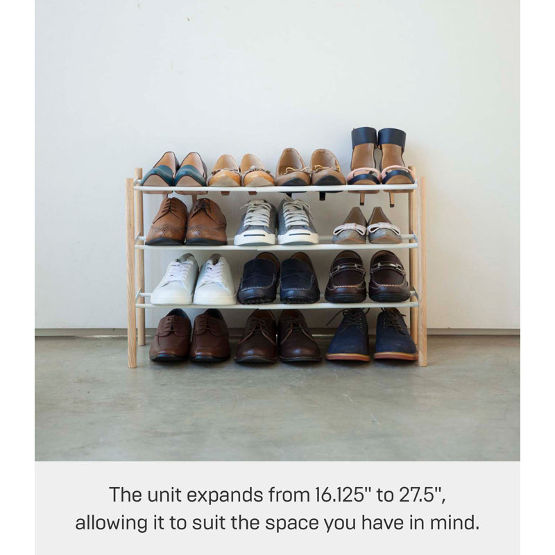White Expandable 3-Tier Shoe Rack with Wood Accents