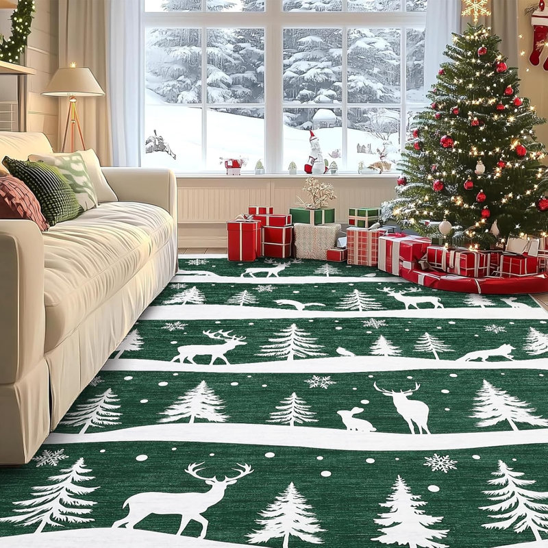 9x12 Christmas Area Rug with Tree Reindeer Snowflake, Washable Non Slip Rug, Green, Rectangle 9' x 12', Green