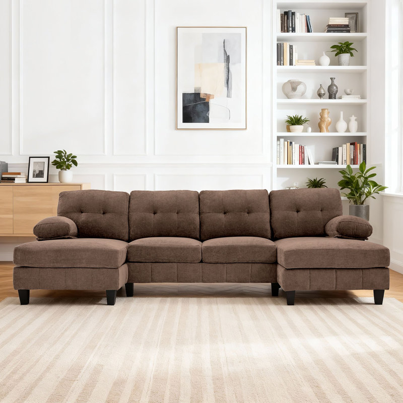 103.5" U-Shaped Chenille Sectional Sofa with Dual Chaises, Side Storage Pockets &Armrest Pillows, Gray Chenille