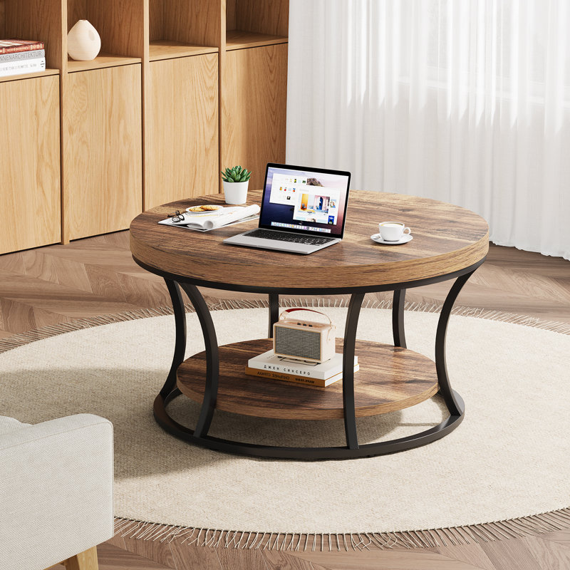 31.49’’ Round Coffee Table With 2-Tier Storage Shelves, Brown Wood