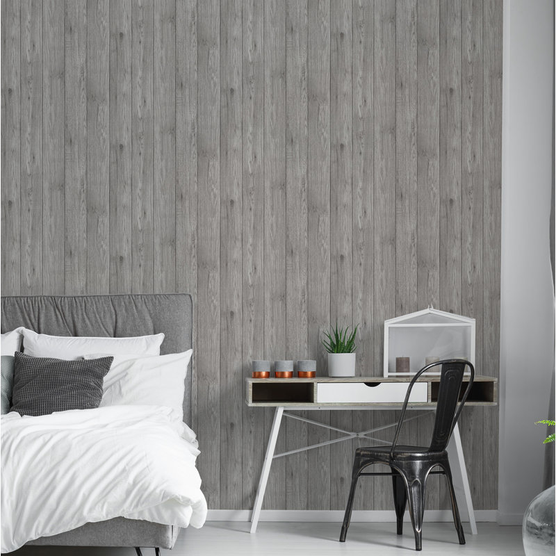 Lumber Wood 0.065m x 52cm Semi-Gloss Wallpaper Roll, Light Grey
