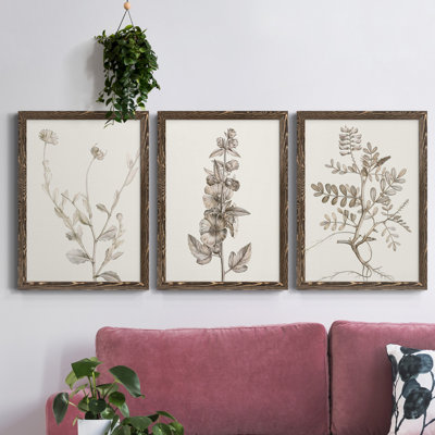 Neutral Botanical Study IV - Ensemble de 3 peintures sur toile encadrées