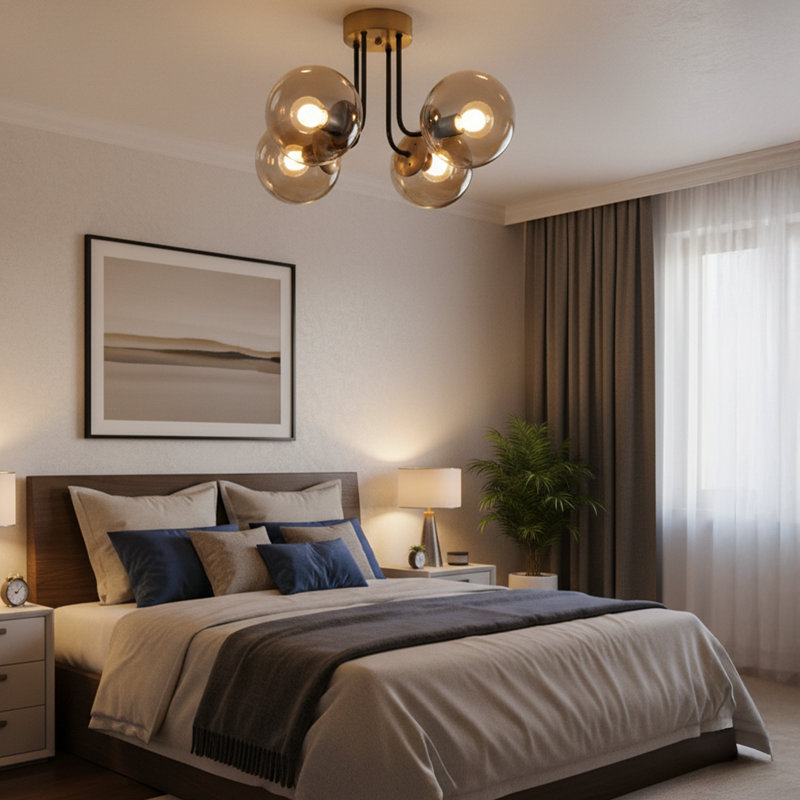 Modern 4-Light Flush Mount Ceiling Light With Amber Glass Globe Shades, Gold, Amber