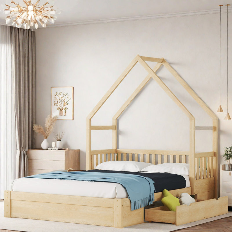 Lit plateforme en bois avec garde-corps et 2 tiroirs Wood House, Naturel / naturel