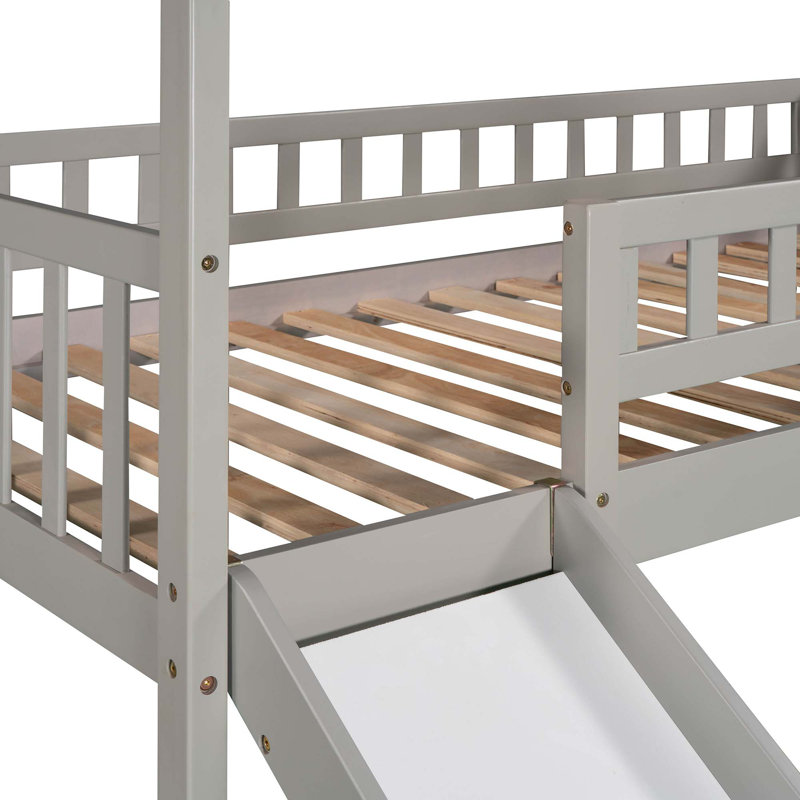 Loft Bed With 2 Drawers And Slide, House Bed With Slide, Grey
