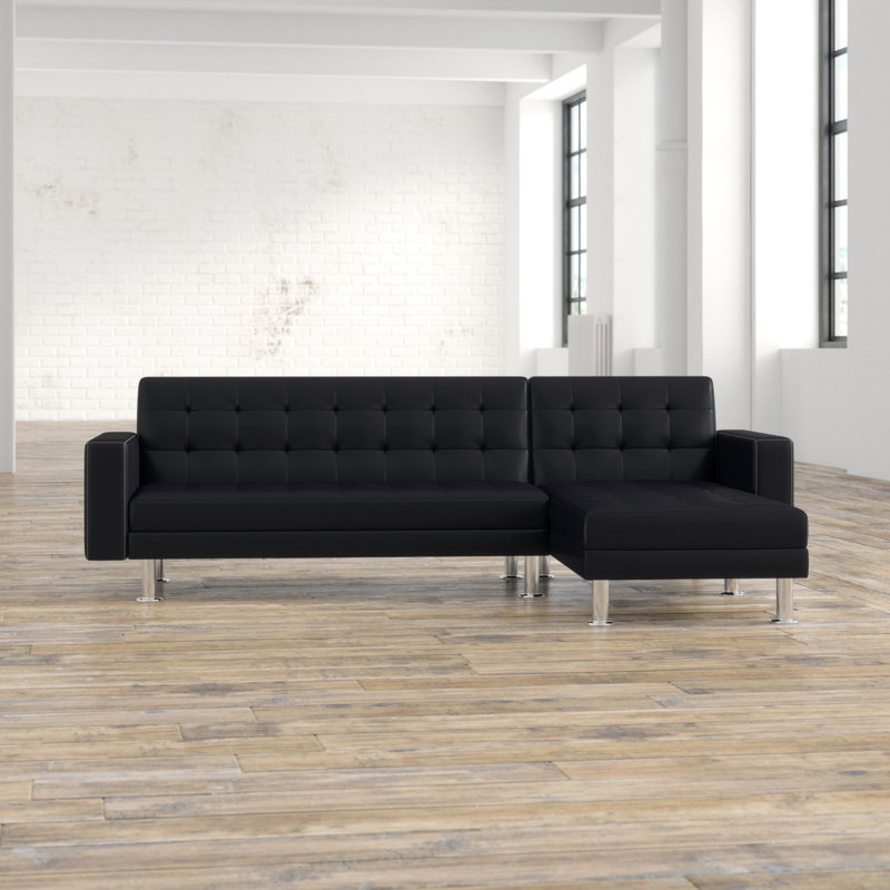 Nuttall Faux Leather Reclining L-Shaped Sectional Reversible, Black Faux Leather