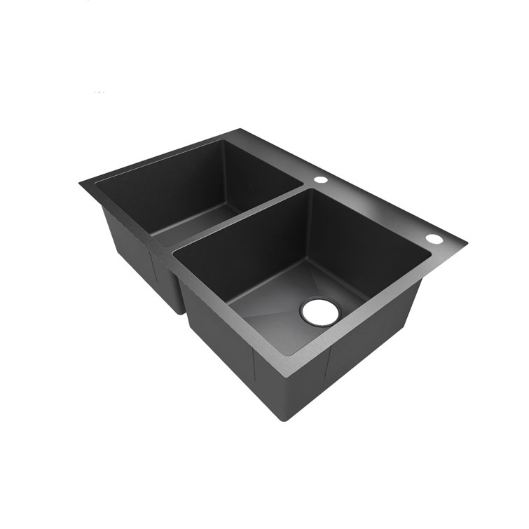 Sinber HT3322D-BW 33 x 22 Drop in Double Bowl Kitchen Sink with 18 Gauge 304 Stainless Steel Black Finish