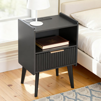 Modern Nightstand With Charging Station, Bedside Table With Storage Drawer And Open Shelf, Fluted Design With Solid Wood Legs For Bedroom And Living Room
