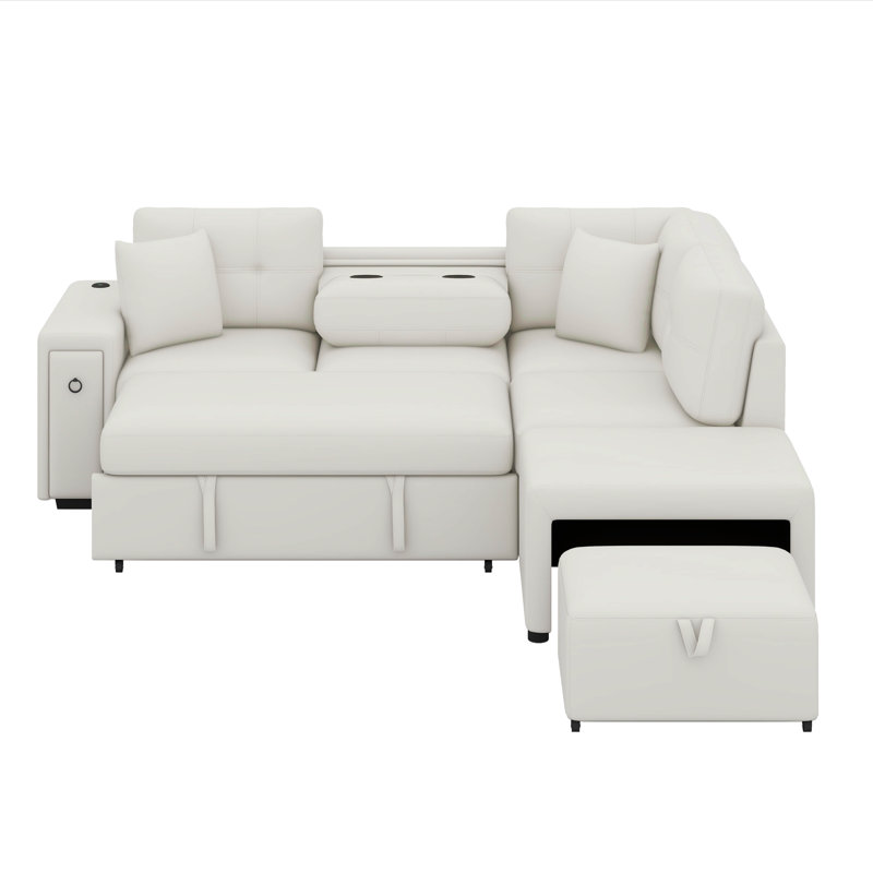 Canapé-lit modulaire escamotable avec méridienne de rangement, canapé d'angle modulaire en L avec ports USB, porte-gobelets