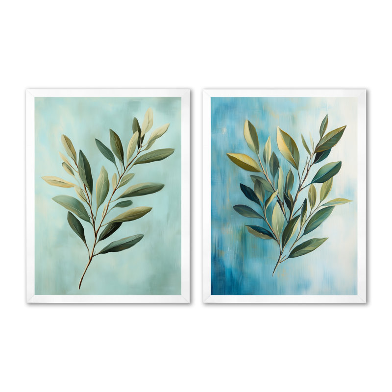 Feuilles ensoleillées sur fond bleu - Ensemble de 2 décorations murales de feuilles, 32" H x 48" W, White Picture Framed