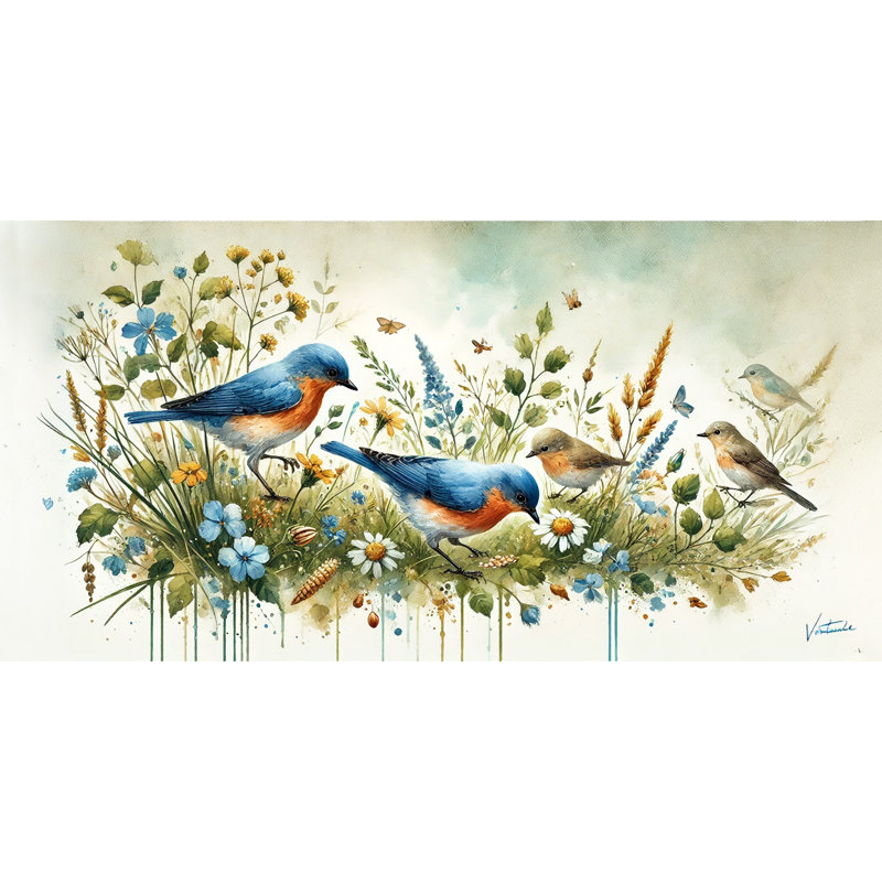 Meadow Serenade: scène panoramique d'un oiseau bleu, H 24 po x l 48 po