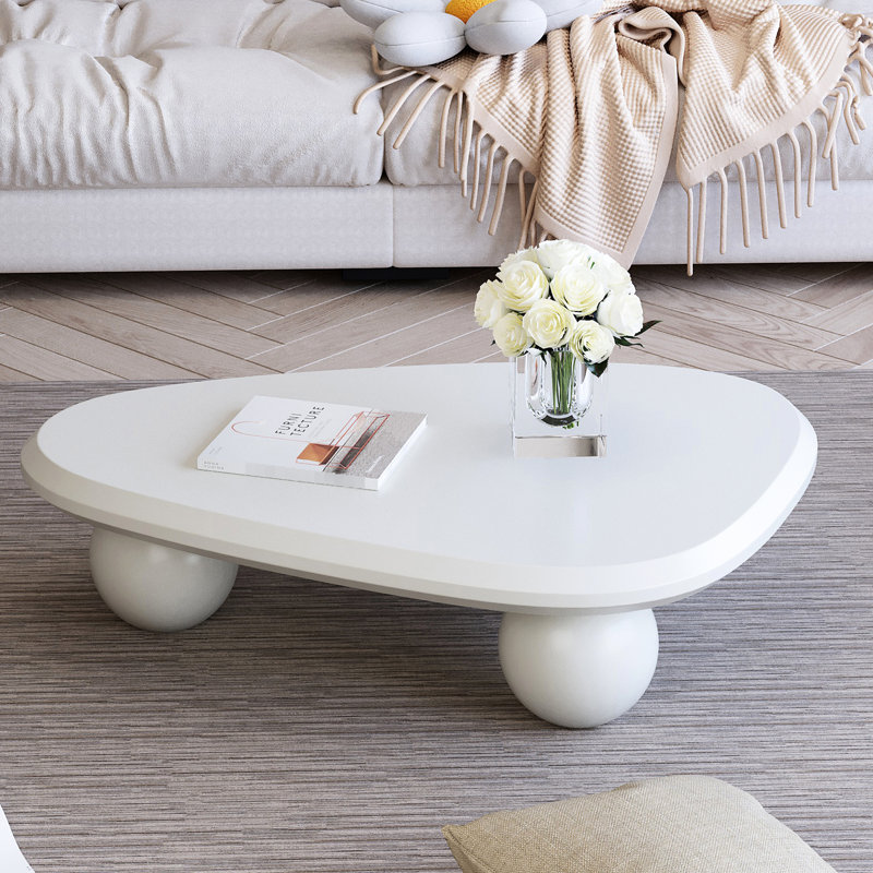 Table de centre en bois avec 3 pieds, décor moderne pour le salon, blanc crème, assemblage facile de style café blanc, installation