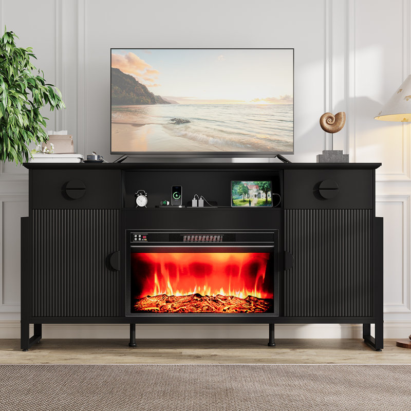  70'' Fireplace Tv Stand For Tvs Up To 80 Inch, Fluted Tv Stand With 30" Fireplace & Power Outlets, Entertainment Center For Living Room, Black