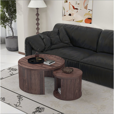 Round Nesting Coffee Table Set of 2, Natural wood color Coffee Table, 31.5" Large & 18" Small Low Tables with Wood Top, Center Table for Living Room,