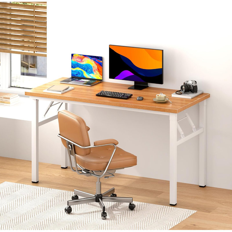 Folding Table Computer Desk Workstation Table Conference Table Home Office Desk, Teak + White