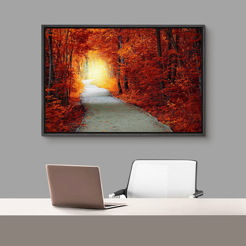 Vibrant orange, automne, forêt, chemin, nature, nature - photographie, H 16 po x l 24 po x P 1,5 po, Cadre noir