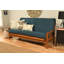 Blue futon mattress with tufted detailing on a wooden frame in a living room.