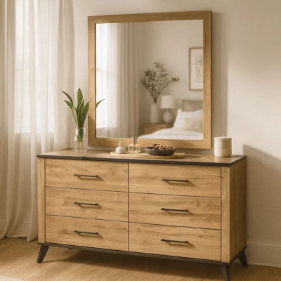 Wemy Wide Dresser With Matching Mirror, 6 Drawers, Brown Wood