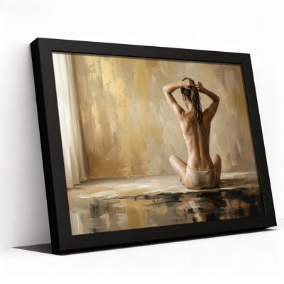 Woman Tying Hair Back View Gold Brushstroke Style Canvas Wall Art