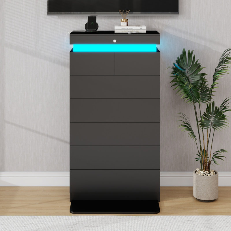 51.3" H 7-Drawer Dresser With LED Lights & Charging Station, Black