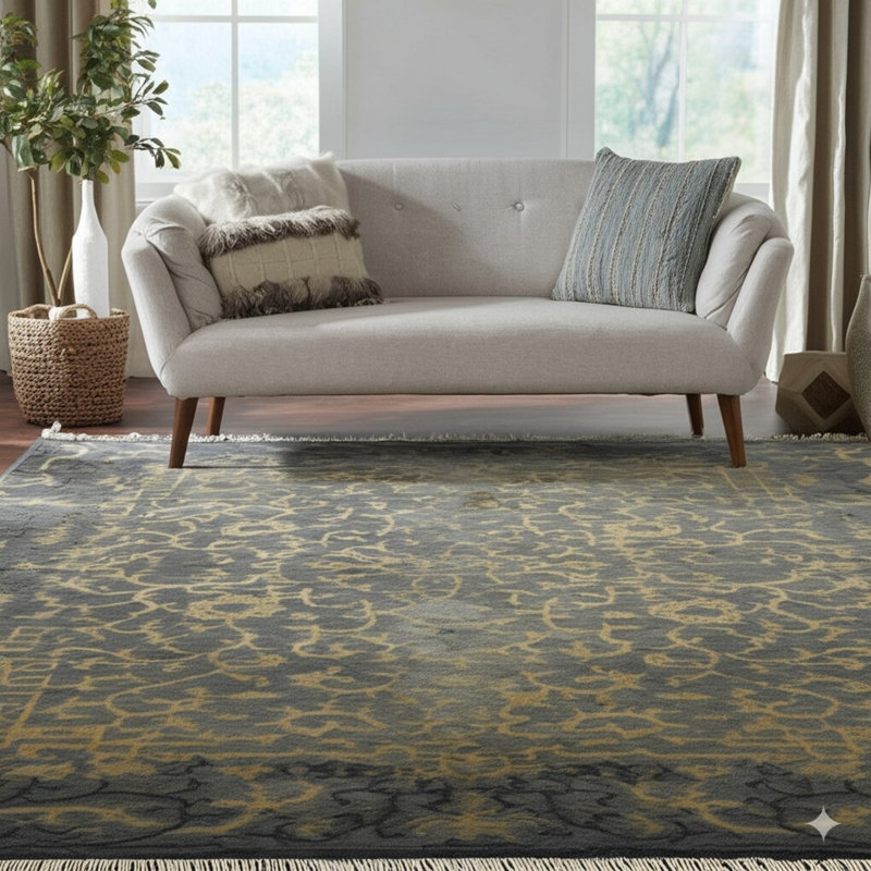 Black Hand-Knotted Wool Labyrinthine Border Geometric Modern Contemporary Carpet Rug, 12' x 18'