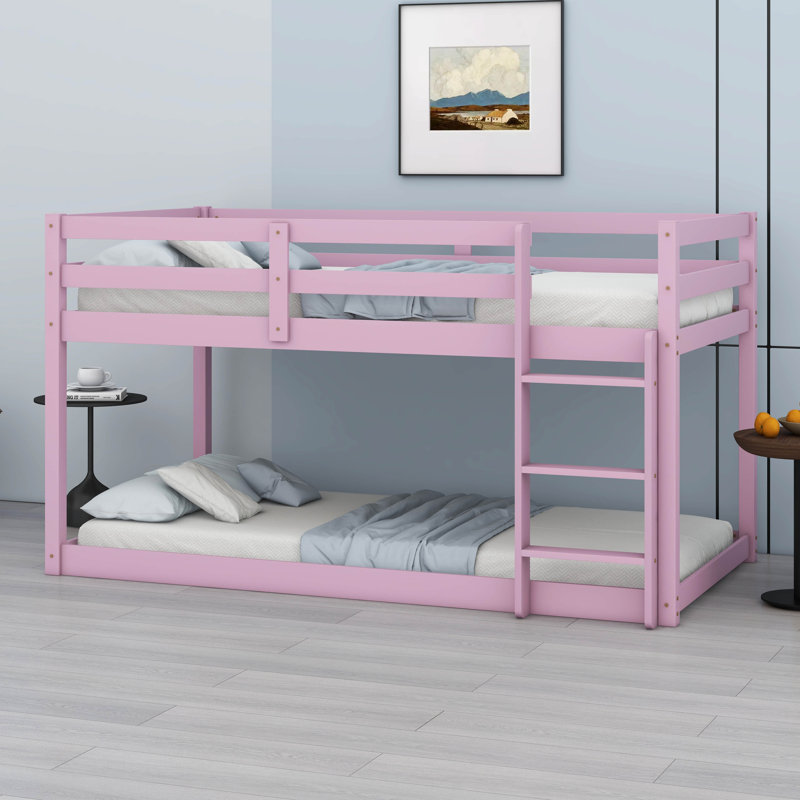 Twin Over Twin Solid Rubber Wood Floor Bunk Bed – Ladder & Strengthened Slat Bed Platform, Pink
