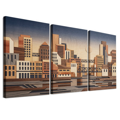Ensemble de 3 toiles murales représentant une silhouette urbaine en bois superposé avec un pont en treillis