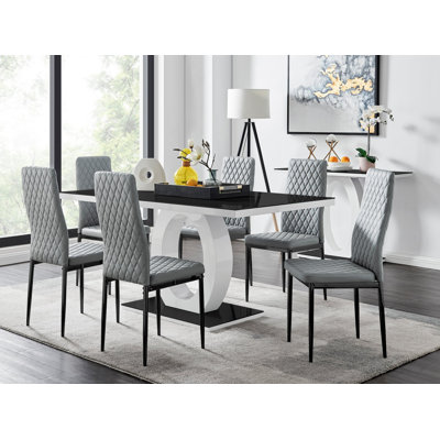 Carennac Modern High Gloss & Glass Dining Table with 6 Luxury Faux Leather Chairs