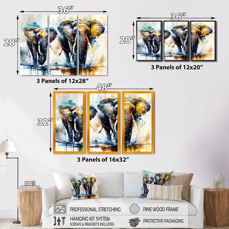Éléphants qui courent II - impression de 3 pièces, H 28 po x l 36 po x P 1 po, Toile tendue