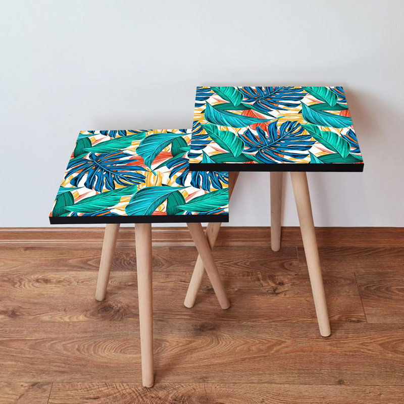 Tables gigognes modernes (2 pièces), pieds en bois de hêtre, 13,8 x 18,5 x 13,8 pouces et 13,8 x 16,5 x 13,8 pouces | 100% panneau de fibres à densité moyenne avec une épaisseur de 0,7 pouce | Élégant et fonctionnel pour le salon ou le bureau, conception peu encombrante