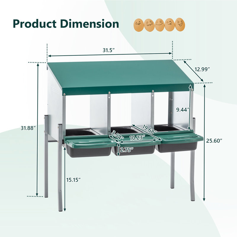 3 boîtes de nidification de poulet avec pieds et couvercle pour poulailler extérieur dans la cour de ferme, trois compartiments privés pour améliorer la production d'œufs, mécanisme de roulement par gravité à 3 œufs, récupération efficace et sécurisée,