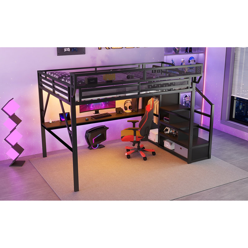Grand lit mezzanine peu encombrant, fabrication en métal avec bureau et rangement pour une maison moderne