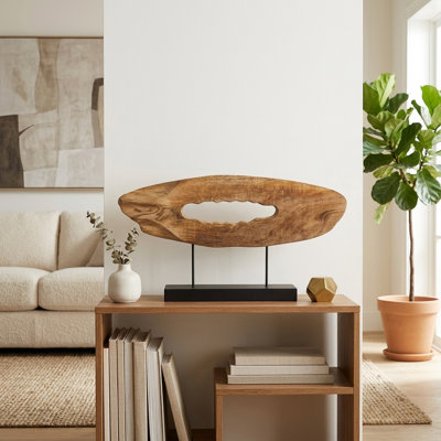 Rondelle décorative en bois de manguier pour salon - Sculpture ovale à poser sur un support en fer - 66 cm, brun et noir