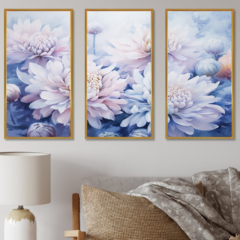 «Enchanting Chrysanthemums Flowers», ensemble d'art mural champ de fleurs, Cadre flottant doré, H 40 po x l 60 po x P 1 po