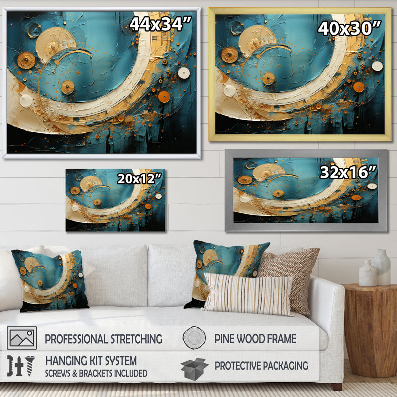 Gerlanda Gold Teal Abstract Spirals III, reproduction d'art sur toile, Encadrement doré, H 12 po x l 20 po x P 1 po