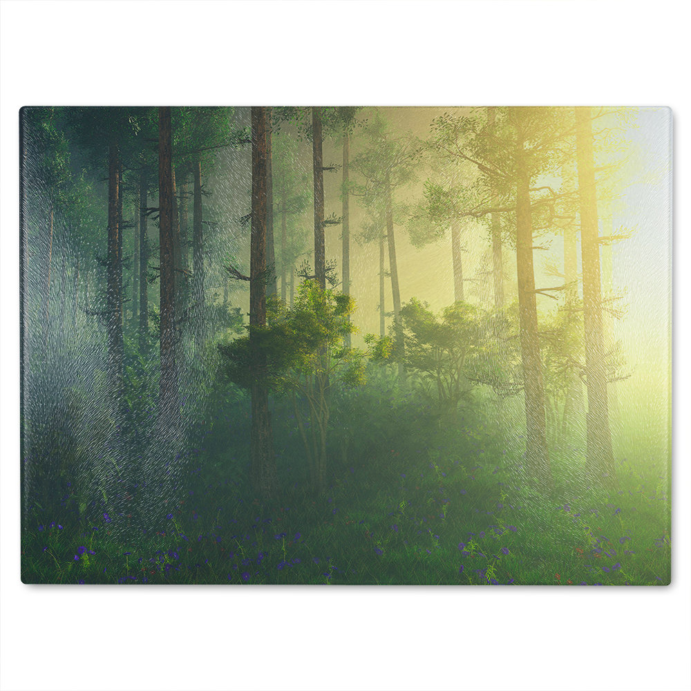 Sun, trees in a haze of light, glowing fog among the trees Designer Glass Chopping Board