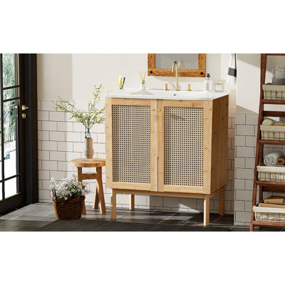 30-Inch Bathroom Vanity Crafted From Natural Materials, Featuring Handmade Rattan Doors And Soft-Closing Mechanisms
