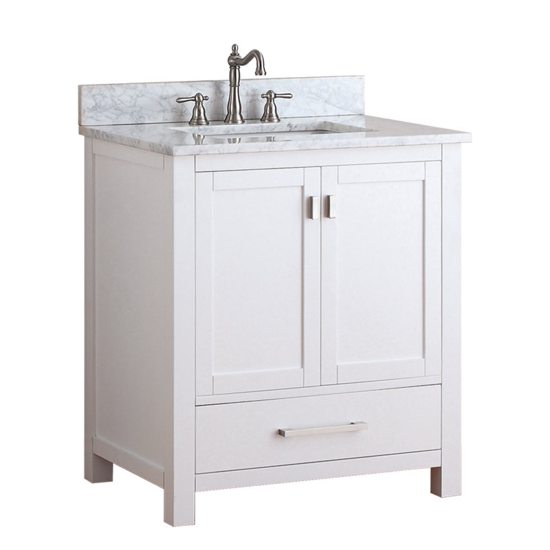 Modero 30" Single Bathroom Vanity with Top, Carrera White Marble, White, Brushed Nickel