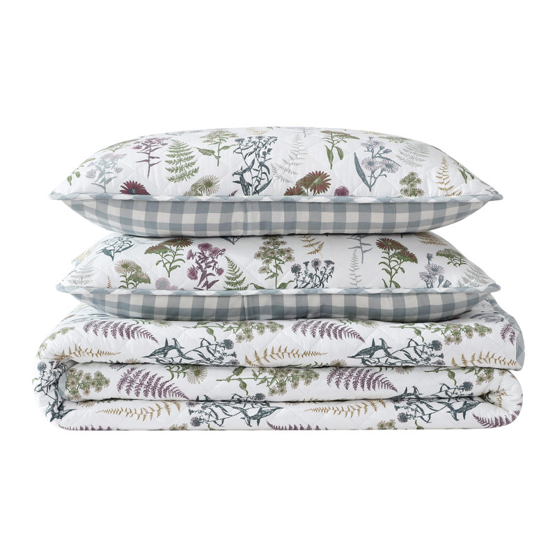 Eddie Bauer Flower Field Cotton Reversible Green Quilt Set, Queen Quilt + 2 Standard Shams