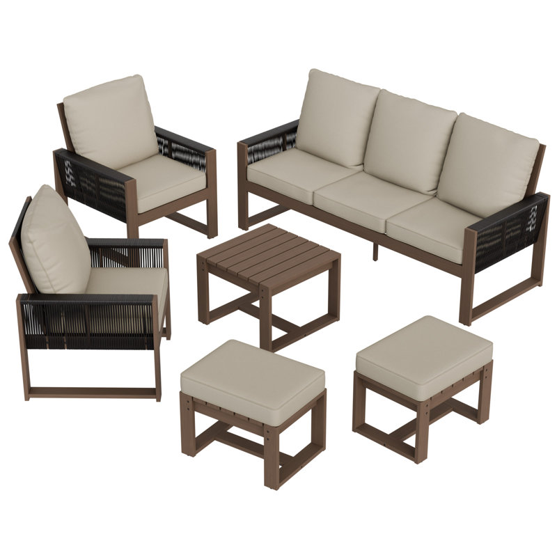 Ensemble de conversation 6 pièces avec canapé en bois massif et assise en cèdre, Beige