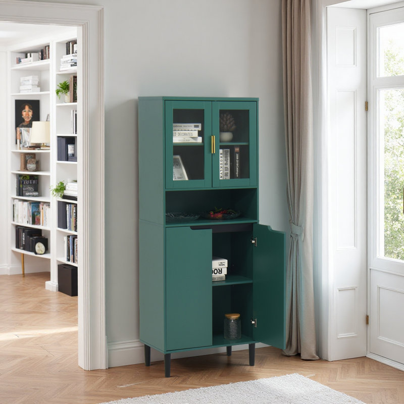 Tempered Glass Door Tall Storage Bookcase With Adjustable Board, 4 Doors MDF Painting Finished Cabinet, Green