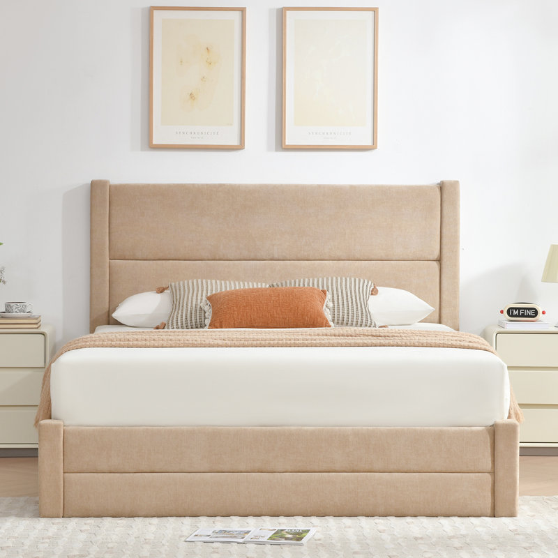 Lit plateforme tapissier avec rangement Wauson, Beige, Queen