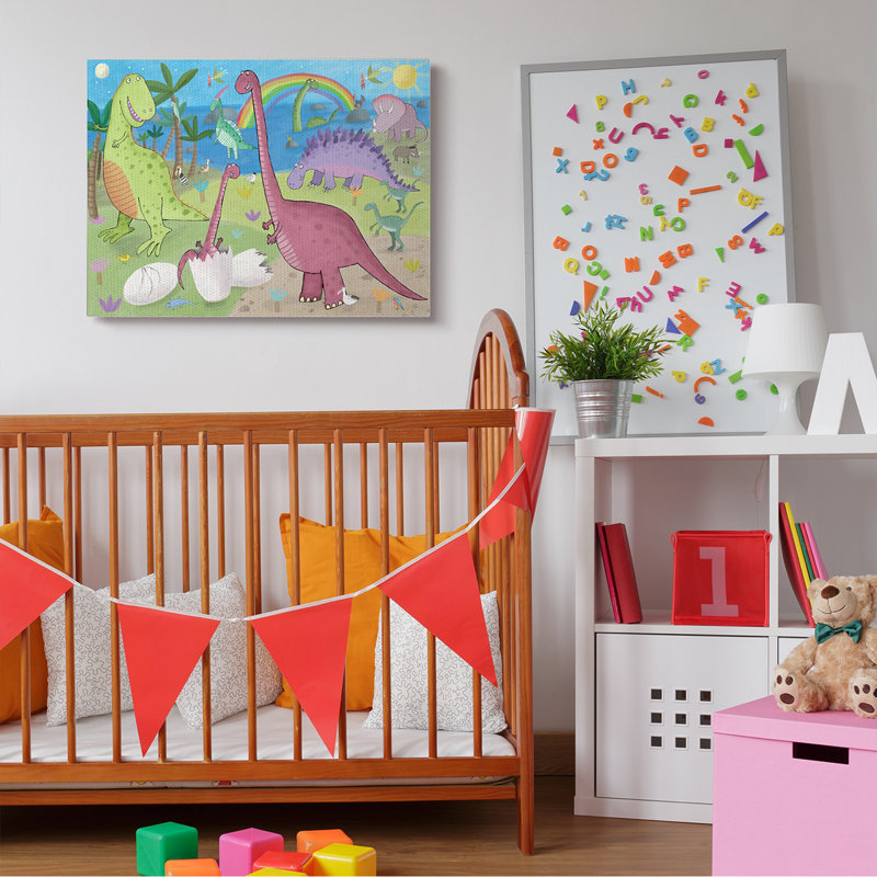 Illustration de dinosaures heureux jouant par arc-en-ciel, Toile tendue, H 30 po x l 40 po x 1,5 po