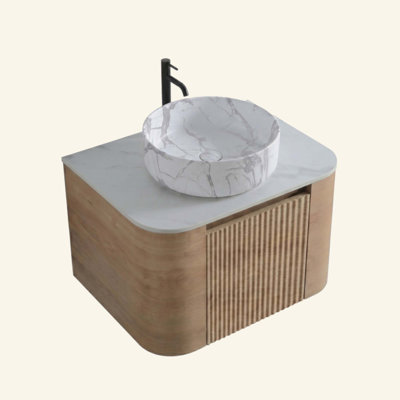 Meuble-lavabo de salle de bain avec lavabo, armoire murale avec porte-serviettes gratuit, conception de lavabo simple en céramique blanche de Carrare, sans bonde ni robinet, pré-assemblé