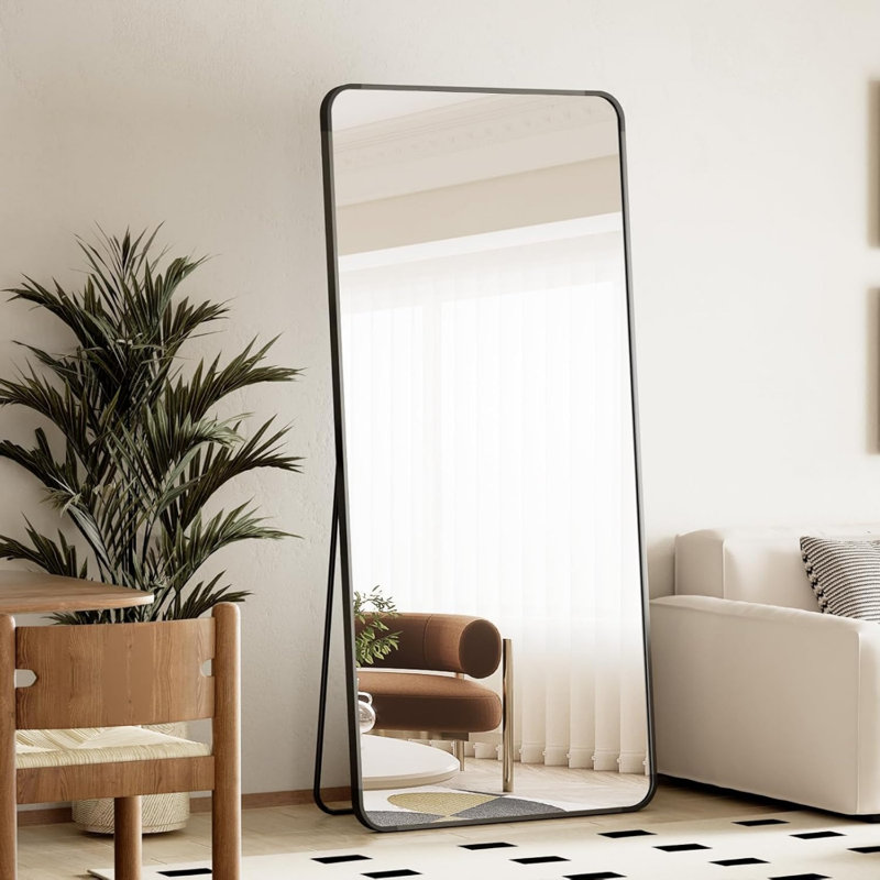 66"X23" Full Length Mirror With Rounded Corners, Standing, Hanging, Or Leaning Floor Mirror For Bedroom, Dressing Room, Or Living Room, Aluminum Alloy Frame, Shatterproof HD Glass, Black