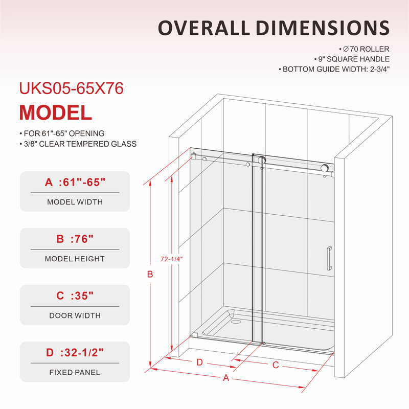 UKS05 61 in. to 65 in. x 76 in. H Frameless Sliding Shower Door in Chrome with 3/8 in. (10mm) Clear Glass, Chrome